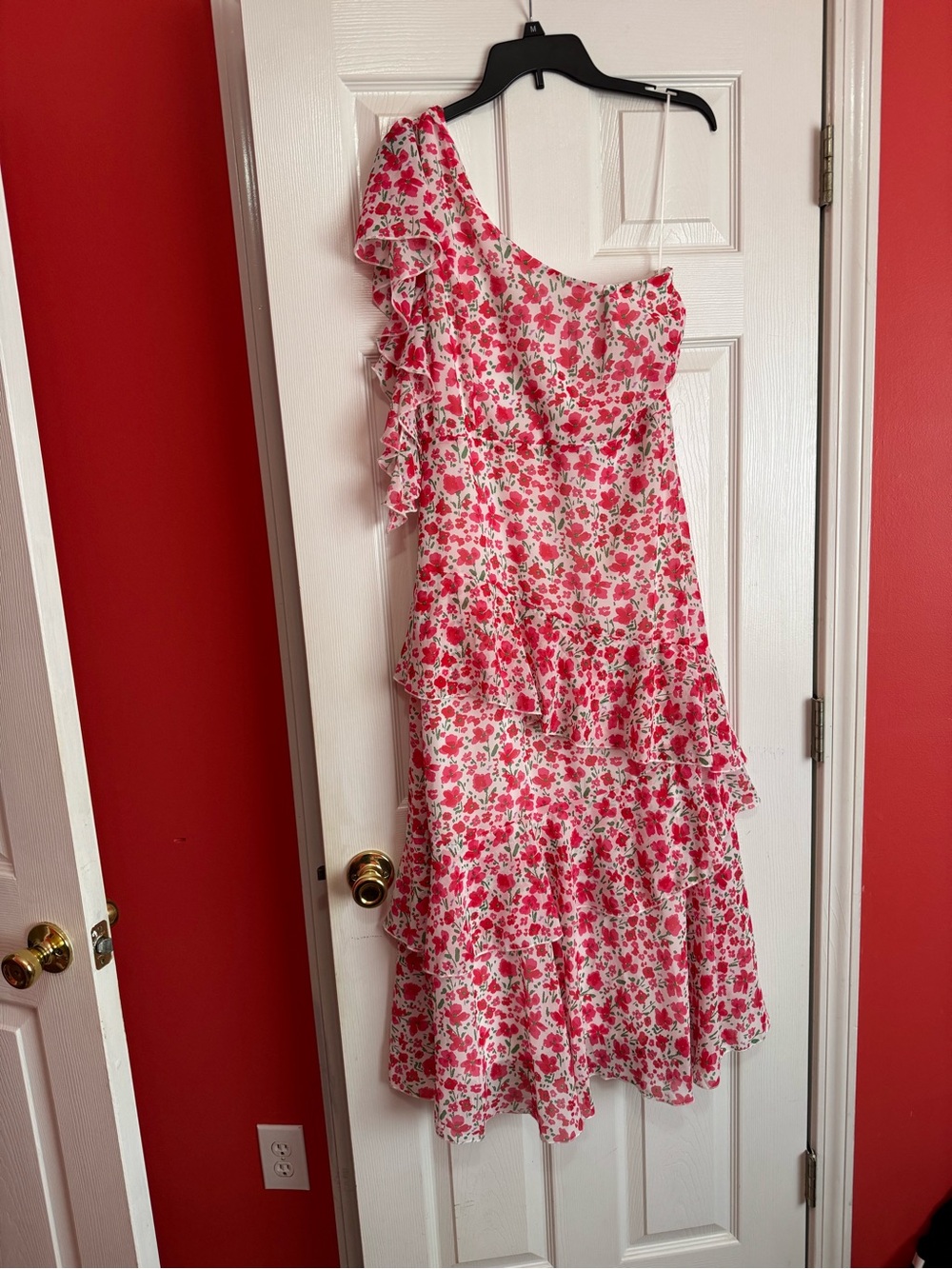 Fashion Nova Pink & White Floral One-Shoulder Midi Dress